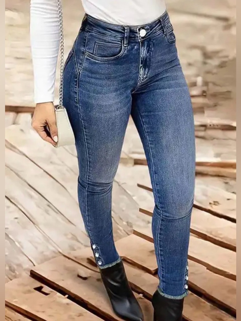 Flamingals Pearl Button Side Raw Hem High Waist Skinny Jeans S PS2-4